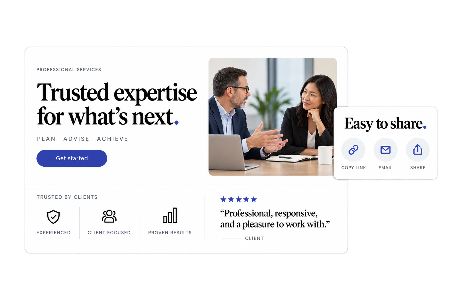 Professional services website with client trust badges, a five-star review and easy-to-share referral links